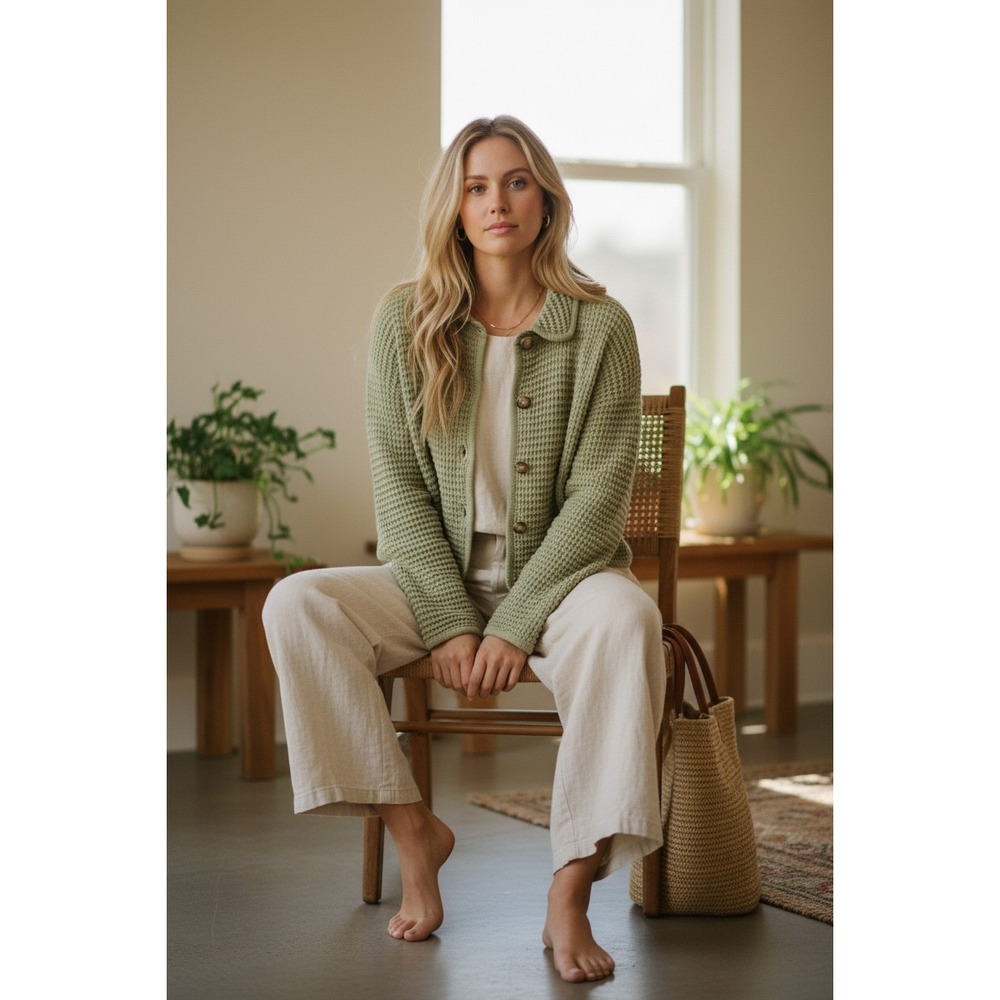 Cotton Waffle Knit Cardigan PS Sage Green Cropped Cozy Cottagecore Minimalist